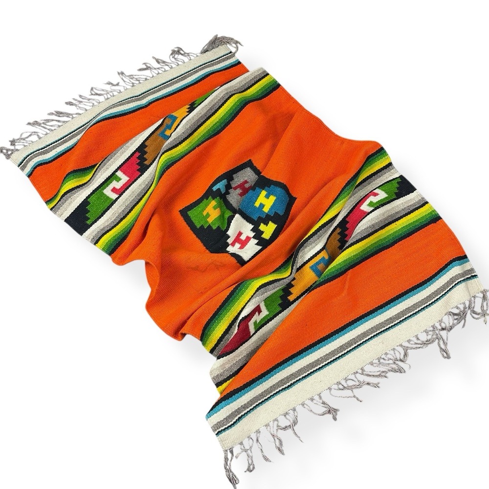 VTG Mexican Aztec Hand-Woven Wool Rug Blanket Textile Aztec Double-Sided 64"x29"